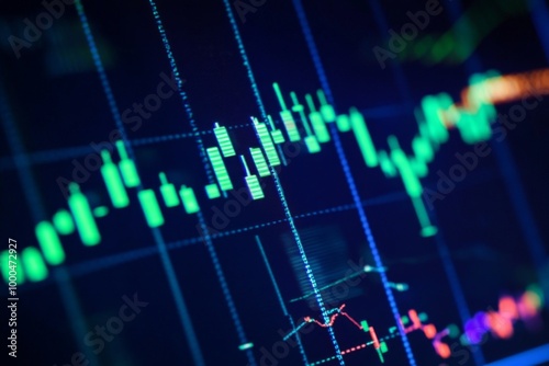 Close-up of a stock market graph on a dark blue screen, showing an upward trend with candlestick charts and green bar candles. Ideal for finance and investment themes.