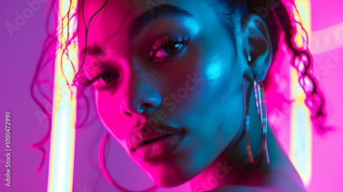 neon lights in a photo studio while a model poses giving a modern touch