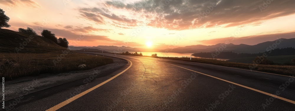 Road leading to horizon with sunset, mountains, lake, and scenic sky in the background. Road leading to horizon with sunset, mountains, lake, and scenic sky in the background.