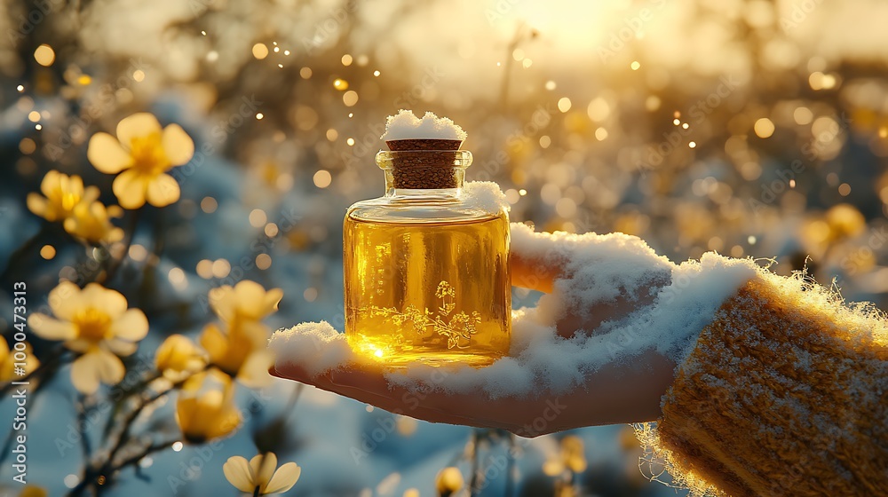 Hand holding a bottle of golden liquid with snow falling around it. Hand holding a bottle of golden liquid with snow falling around it.