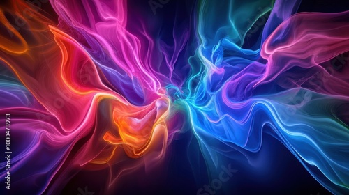 A vibrant swirl of colorful light flows in dynamic waves, blending shades of pink, blue, and orange against a dark background, creating an ethereal effect.