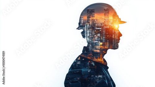 Double exposure of a construction worker silhouette with cityscape background. Engineer concept.