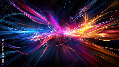 A vibrant, dynamic abstract artwork featuring flowing colors and light trails, creating a sense of energy and motion.