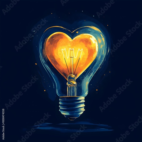 A heart-shaped filament inside a light bulb, glowing with soft warmth, expressing emotional depth and intellectual growthFlat illustration style photo