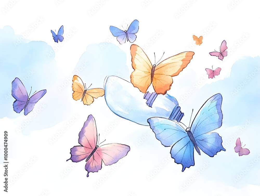 Watercolor depiction of a broken light bulb releasing vibrant butterflies into the air, their wings radiating with hues of rebirth and growth in a soft pastel sky Watercolor depiction of a broken light bulb releasing vibrant butterflies into the air, their wings radiating with hues of rebirth and growth in a soft pastel sky