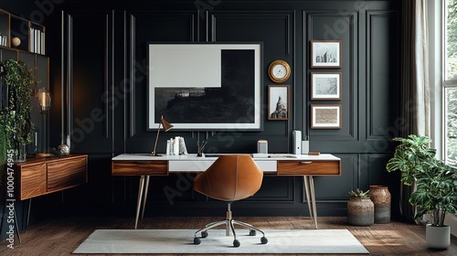 Modern home office featuring a sleek desk, stylish chair, and greenery, set against a dark, elegant wall.