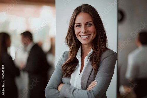 Confident businesswoman with long brown hair stands in office corner, arms crossed and smiling at camera, wearing grey blazer and white shirt, with blurred colleagues in background. Free Download Confident businesswoman with long brown hair stands in office corner, arms crossed and smiling at camera, wearing grey blazer and white shirt, with blurred colleagues in background. - GFXLoad