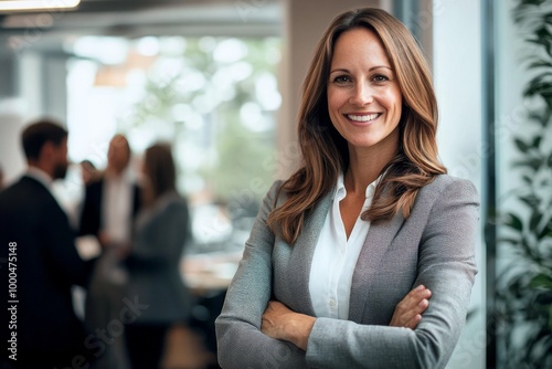 Confident businesswoman with long brown hair stands in office corner, arms crossed and smiling at camera, wearing grey blazer and white shirt, with blurred colleagues in background. Free Download Confident businesswoman with long brown hair stands in office corner, arms crossed and smiling at camera, wearing grey blazer and white shirt, with blurred colleagues in background. - GFXLoad