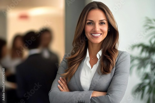 Confident businesswoman with long brown hair stands in office corner, arms crossed and smiling at camera, wearing grey blazer and white shirt, with blurred colleagues in background. Free Download Confident businesswoman with long brown hair stands in office corner, arms crossed and smiling at camera, wearing grey blazer and white shirt, with blurred colleagues in background. - GFXLoad