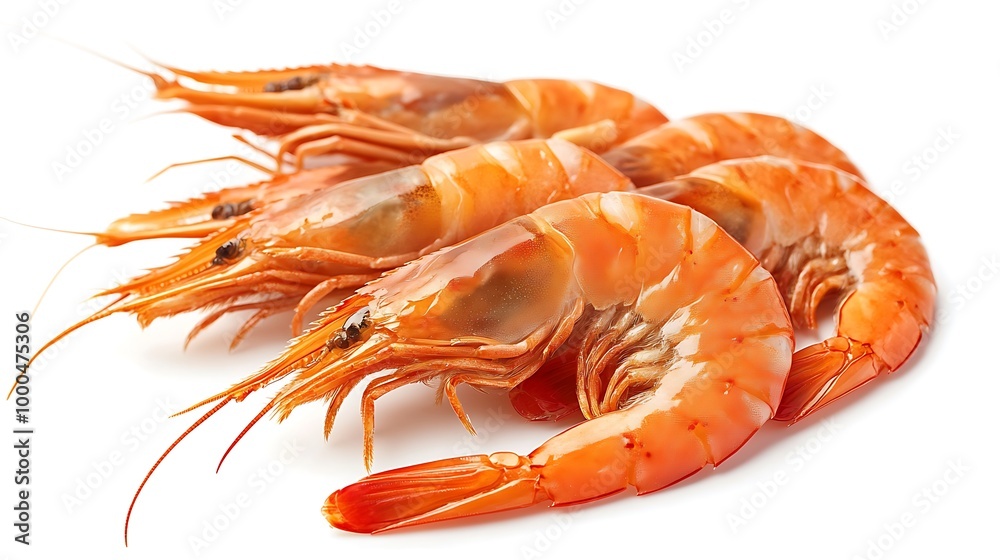 Four cooked prawns arranged in a row on a white background. Four cooked prawns arranged in a row on a white background.
