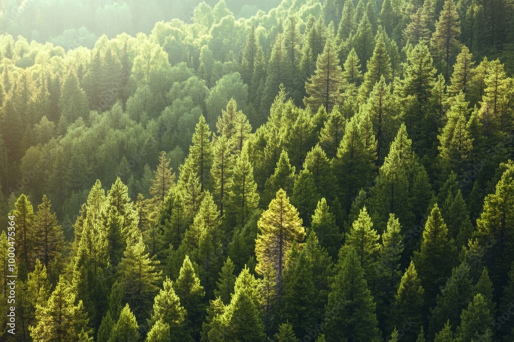 Aerial view of a dense pine forest with sunlight filtering through the lush green canopy, showcasing various shades of green and a tranquil, natural landscape in the background.