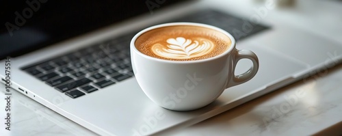 A cup of coffee sits on a laptop, showcasing a creative latte art design, perfect for work or coffee break inspirations.