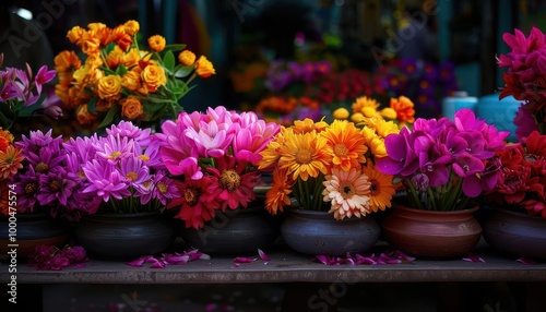 Flower market with vibrant blooms, lively and colorful, Urban, Bright hues, Photograph, Floral abundance