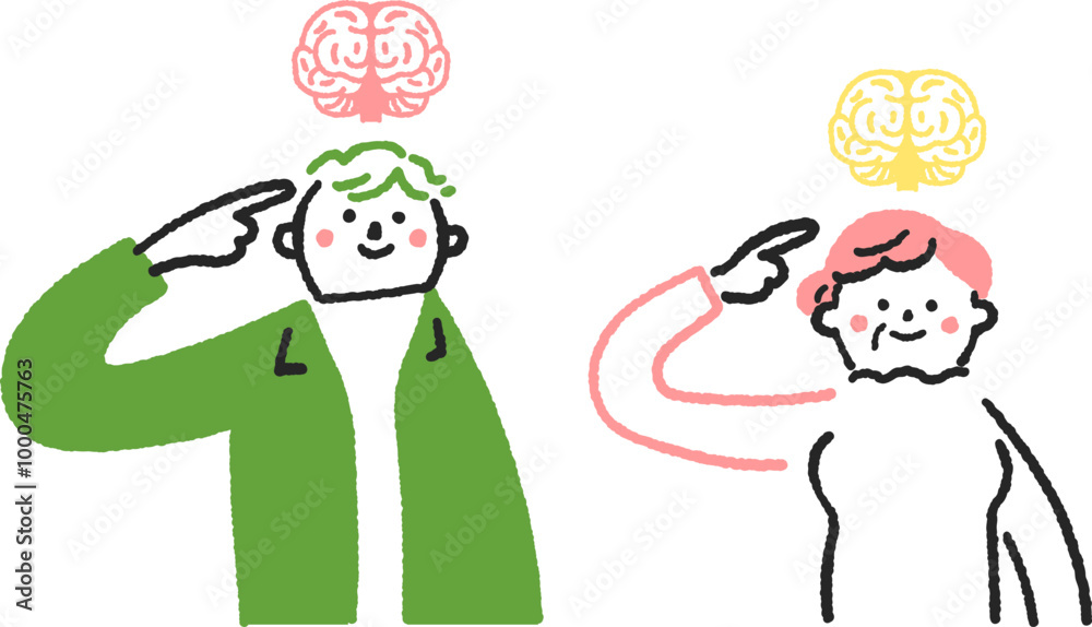 Naklejka premium 脳を指指す若い男性とシニア女性 セットのストックイラスト素材 