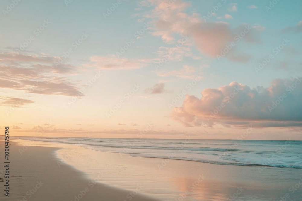 Serene beach at sunset with pastel clouds and gentle waves on golden sand, capturing tranquil atmosphere in high-resolution detail. Serene beach at sunset with pastel clouds and gentle waves on golden sand, capturing tranquil atmosphere in high-resolution detail.