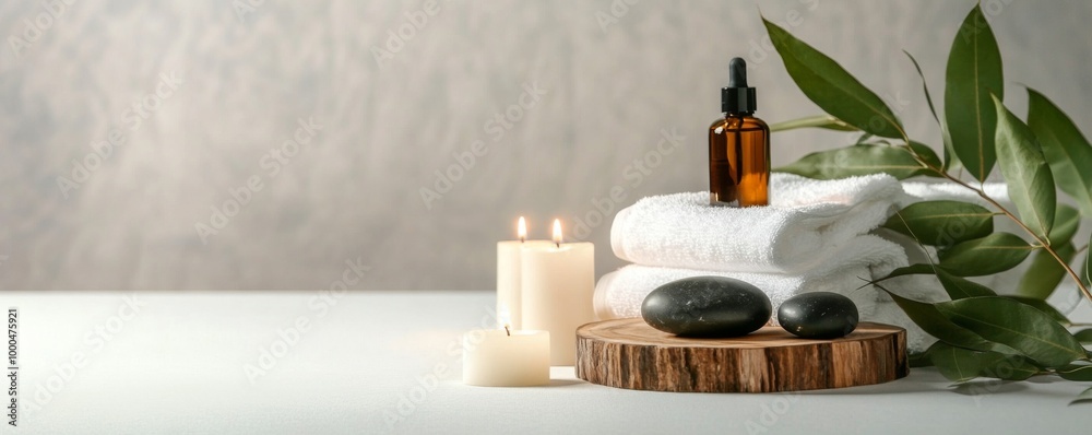 Elegant spa arrangement with white towels, green leaves, candles, and black stones on a wooden stand, featuring a bottle of brown liquid on a soft light gray background. Elegant spa arrangement with white towels, green leaves, candles, and black stones on a wooden stand, featuring a bottle of brown liquid on a soft light gray background.