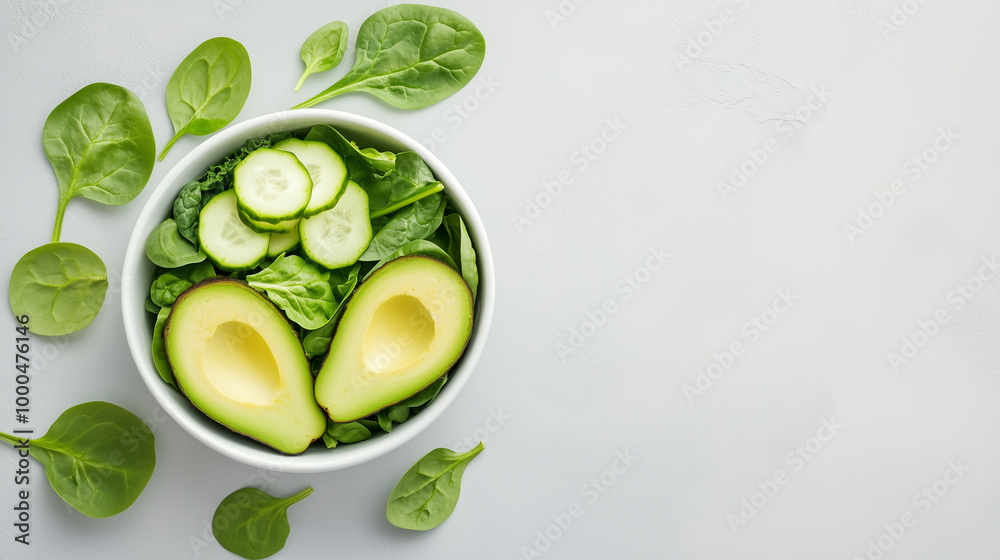 Fresh salad with avocado, cucumber, and spinach in white bowl, surrounded by spinach leaves. This healthy dish is perfect for nutritious meal or snack. Fresh salad with avocado, cucumber, and spinach in white bowl, surrounded by spinach leaves. This healthy dish is perfect for nutritious meal or snack.