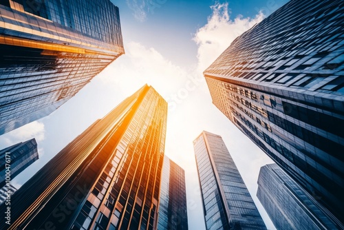 Cinematic skyscape-style view of tall buildings in a city under daylight, featuring sunlight, shadows, and blue sky, ideal for business backgrounds.