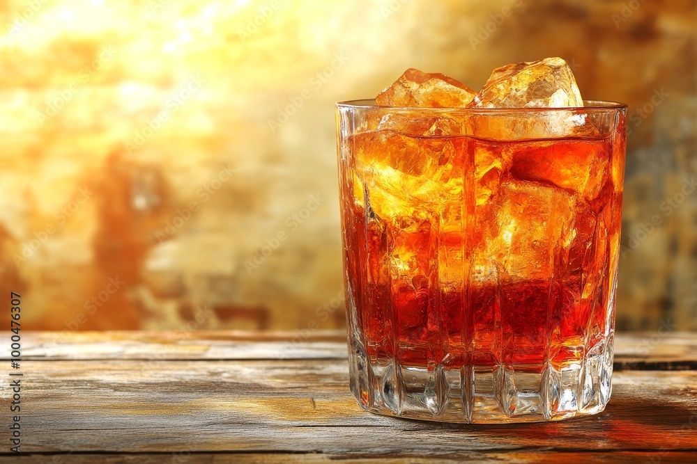Old fashioned whiskey glass filled with ice and garnished with a large orange slice set against a rustic sunlit background emphasizing warmth and refreshment Old fashioned whiskey glass filled with ice and garnished with a large orange slice set against a rustic sunlit background emphasizing warmth and refreshment