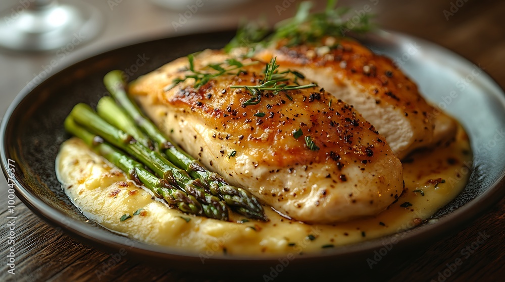 Close-up of a plated meal of roasted chicken breast, mashed potatoes, and asparagus spears. Close-up of a plated meal of roasted chicken breast, mashed potatoes, and asparagus spears.