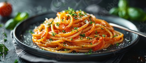 Close-up of delicious spaghetti with tomato sauce garnished with fresh herbs on a black plate.