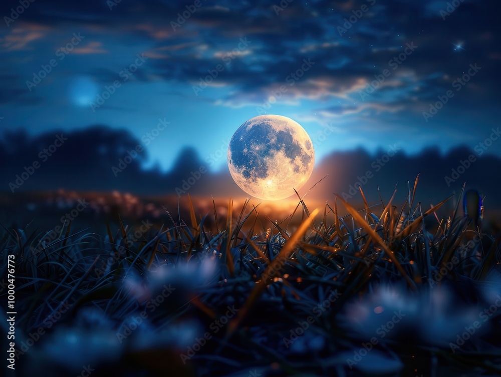 Harvest moon over a serene landscape, expansive and celestial, Nature, Cool tones, Photograph, Night sky beauty Harvest moon over a serene landscape, expansive and celestial, Nature, Cool tones, Photograph, Night sky beauty