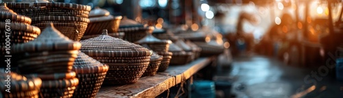 Wallpaper Mural Handwoven baskets in a market, artistic and rustic, Artisan, Soft tones, Photograph, Handmade craft Torontodigital.ca