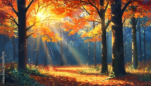 Vibrant autumn forest illuminated by sunlight filtering through colorful foliage in Lofi Anime Style