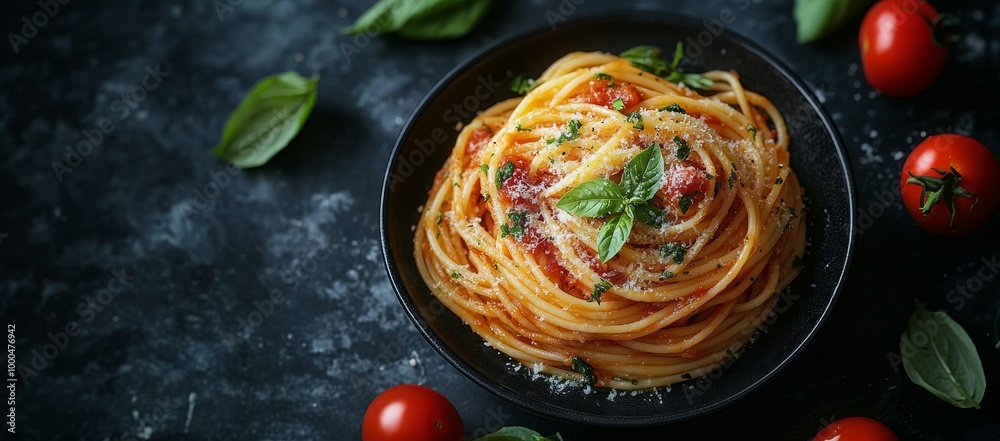 A delicious plate of spaghetti with tomato sauce, fresh basil leaves, and Parmesan cheese. A delicious plate of spaghetti with tomato sauce, fresh basil leaves, and Parmesan cheese.