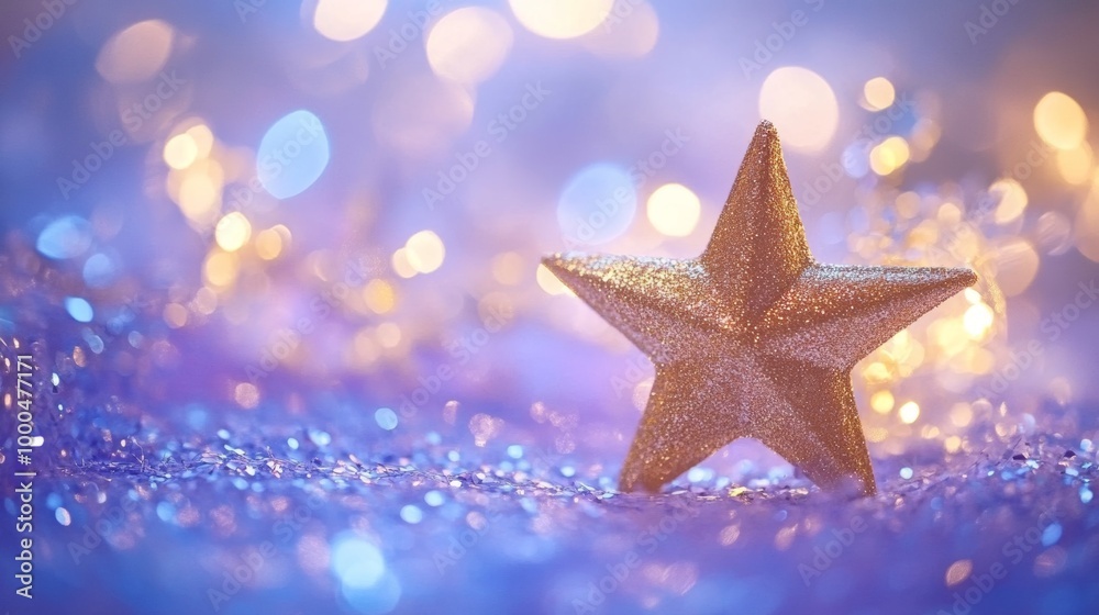 Shimmering golden star decorations against a backdrop of magical blue and purple lights create a festive ambiance for celebrations Shimmering golden star decorations against a backdrop of magical blue and purple lights create a festive ambiance for celebrations