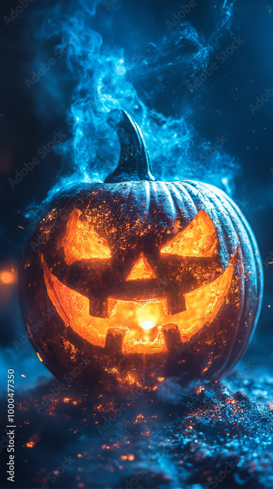 Naklejka premium Spooky Jack-o'-lantern glowing with eerie blue smoke.
