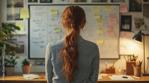 A focused individual contemplating at a creative workspace filled with notes and ideas, inspiring productivity and innovation.