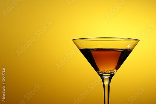 Elegant martini glass filled with a dark amber cocktail set against a vibrant yellow background capturing sophistication and classic cocktail style photo