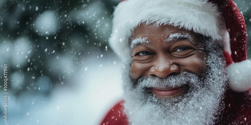 Black Santa Claus smiling warmly while surrounded by softly falling snowflakes. Cheerful African-American Santa smiling to the camera during Christmas holidays, wearing red hat on a snowy backdrop. Black Santa Claus smiling warmly while surrounded by softly falling snowflakes. Cheerful African-American Santa smiling to the camera during Christmas holidays, wearing red hat on a snowy backdrop.