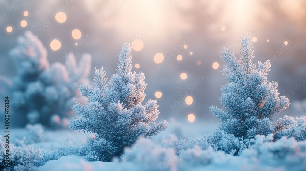 Naklejka premium Small snow-covered pine trees surrounded by soft fog and glowing light bokeh create a magical winter landscape