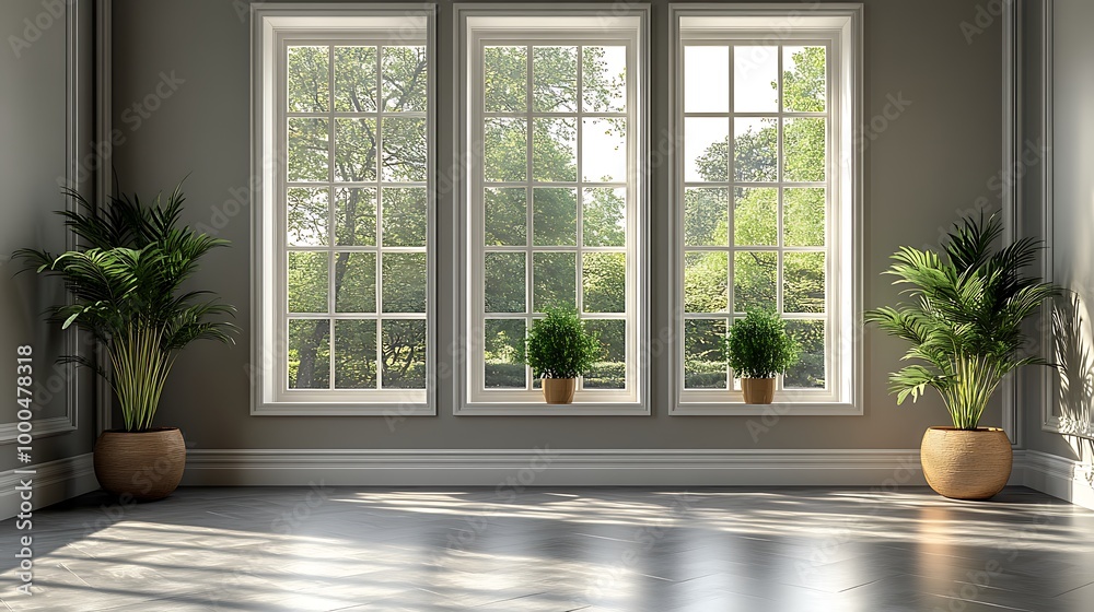 Fototapeta premium Large windows with natural light streaming in, three potted plants in the corner of a room with hardwood floor