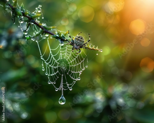 Morning dew on a spider web, delicate and detailed, Nature, Cool tones, Photograph, Natural wonder