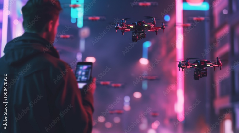 In a futuristic city, a man holds a smartphone while controlling a fleet of drones flying through the neon-lit streets. The vibrant lights and flying drones emphasize the high-tech and digital nature In a futuristic city, a man holds a smartphone while controlling a fleet of drones flying through the neon-lit streets. The vibrant lights and flying drones emphasize the high-tech and digital nature