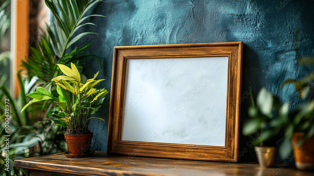 Decorative wooden frame on a table with plants Decorative wooden frame on a table with plants