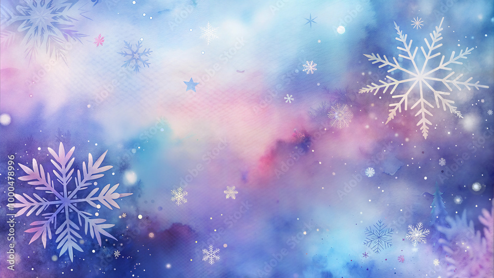 Title: Snowflakes and pastel sky, dreamy winter holiday background in soft colors