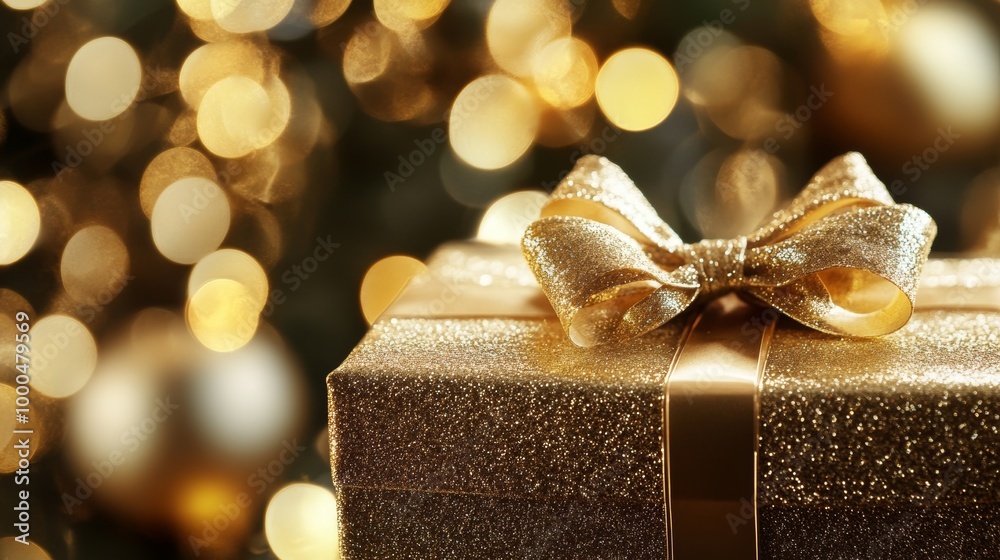 Elegant golden gift box adorned with a bow, beautifully set against a soft-focus bokeh backdrop for the holiday season Elegant golden gift box adorned with a bow, beautifully set against a soft-focus bokeh backdrop for the holiday season