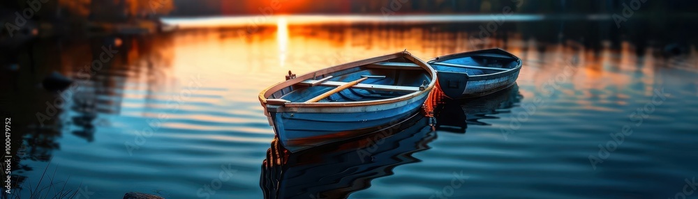 Obraz premium Rowboats on a serene lake, peaceful and inviting, Coastal, Soft hues, Photograph, Water journey