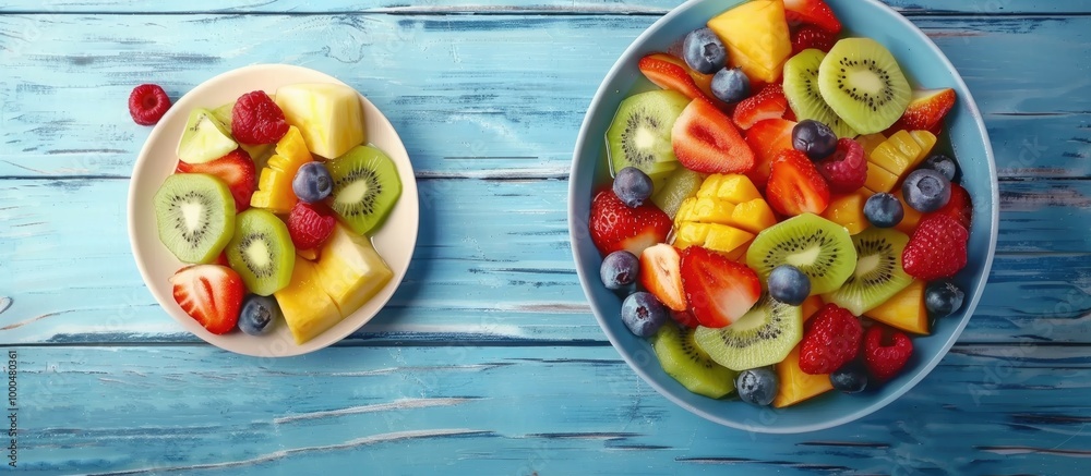 Fresh Tasty Fruit Salad On Blue Wooden Table