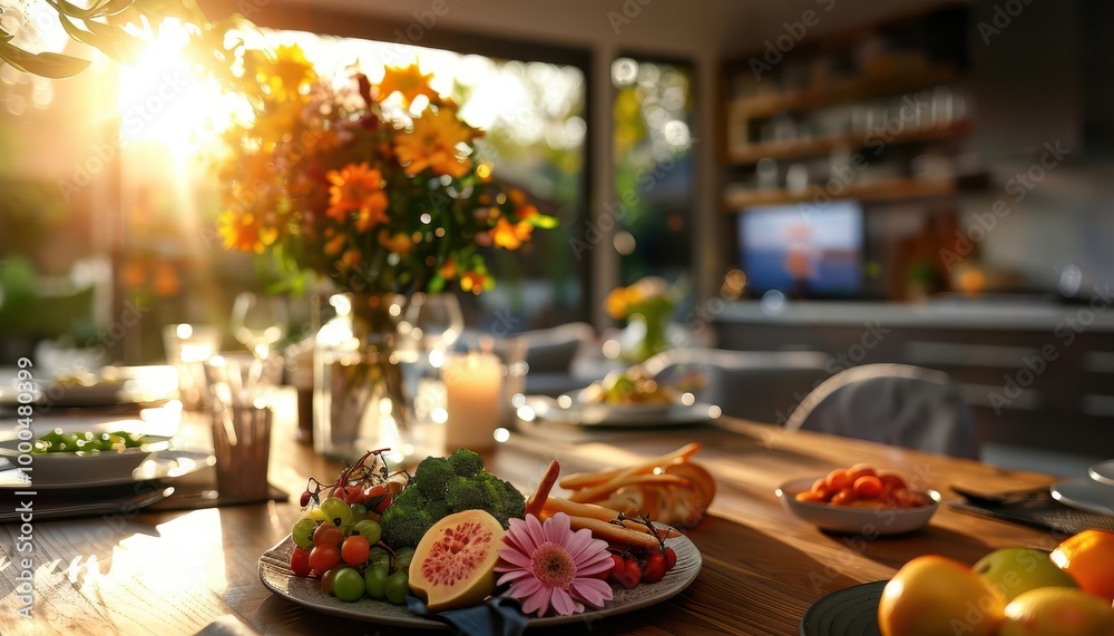 Sunlit dining table with fresh flowers, inviting and elegant, Urban, Soft hues, Photograph, Culinary charm Sunlit dining table with fresh flowers, inviting and elegant, Urban, Soft hues, Photograph, Culinary charm