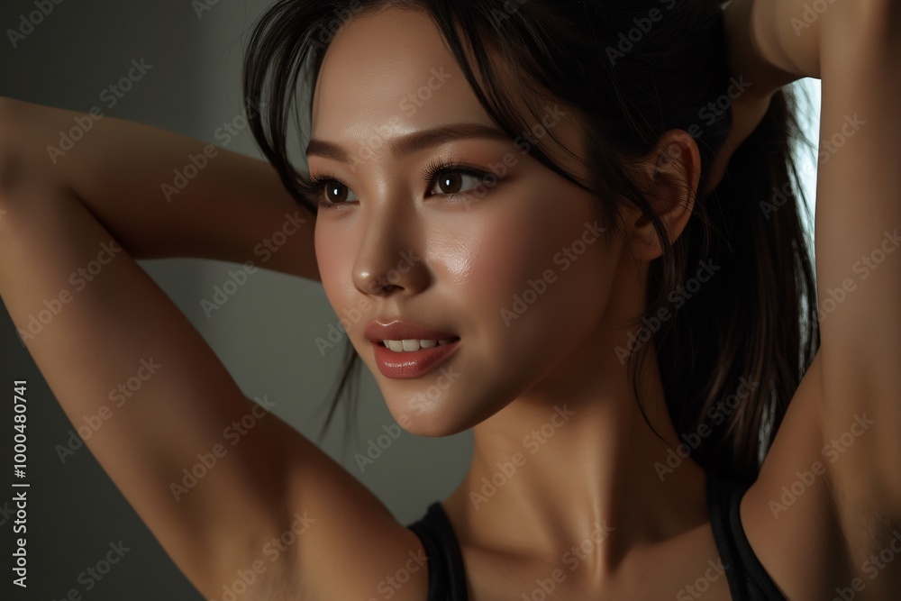 Fototapeta premium Radiant young Asian woman with smooth flawless skin strikes a soft pose on a white background, Skincare, beauty and fashion, voluminous flowing hair, seated gracefully at a table, lifelike skin detail