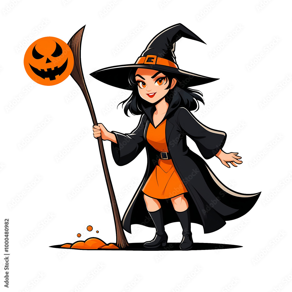 Spooky Halloween Witch Cat in Hat Surrounded by Pumpkins in Dark Scary Forest Under Full Moon Orange Black Sticker Style Illustration Spooky Halloween Witch Cat in Hat Surrounded by Pumpkins in Dark Scary Forest Under Full Moon Orange Black Sticker Style Illustration