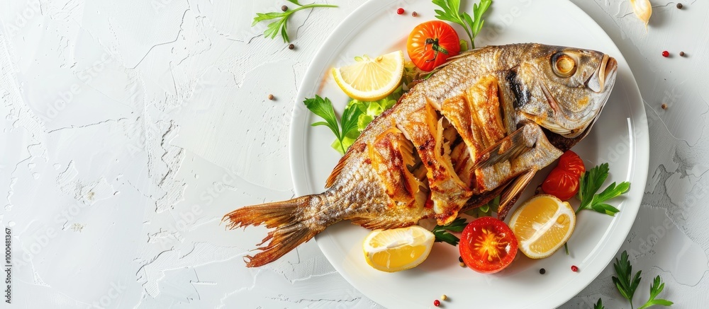 Fried Fish With Garlic Tasty Seafood On White Plate