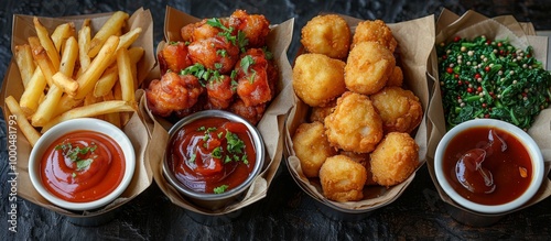 Appetizing assortment of fried finger foods with sauces and a green salad.