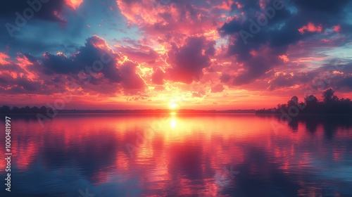 Vibrant sunset over a calm lake with reflections of clouds and the sun in the water.