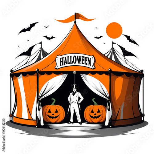 Spooky Halloween Circus Tent with Serial Killer Monster Pumpkins Bats Moon Fog Horror Cartoon Illustration Orange Black Sticker Style Party Decoration
 photo